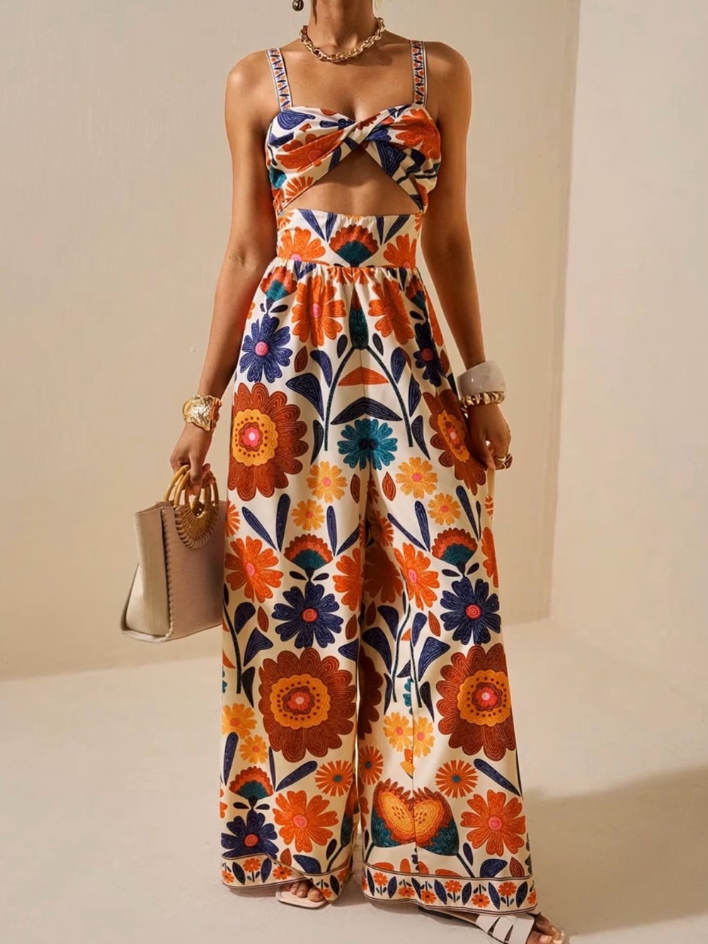 Floral Wide Leg Jumpsuit in Cream and Orange M